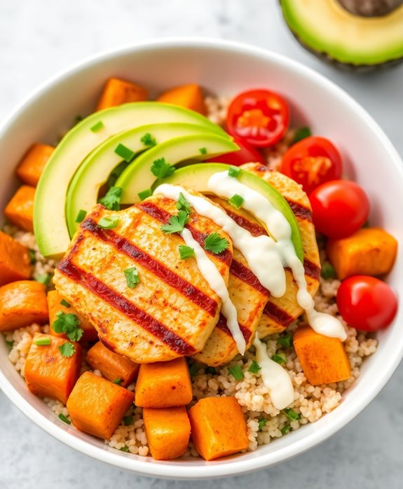 healthy chicken sweet potato bowl